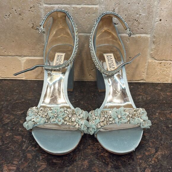 Badgley Mischka Clara embellished strap block heel blue satin heel Size 6 $235 - Picture 7 of 11